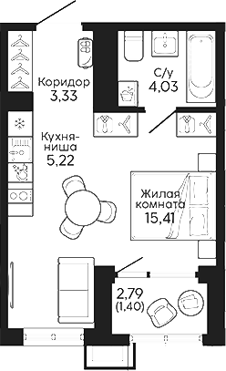 Планировка — Тихий центр. Синара, Студия, 28 м²