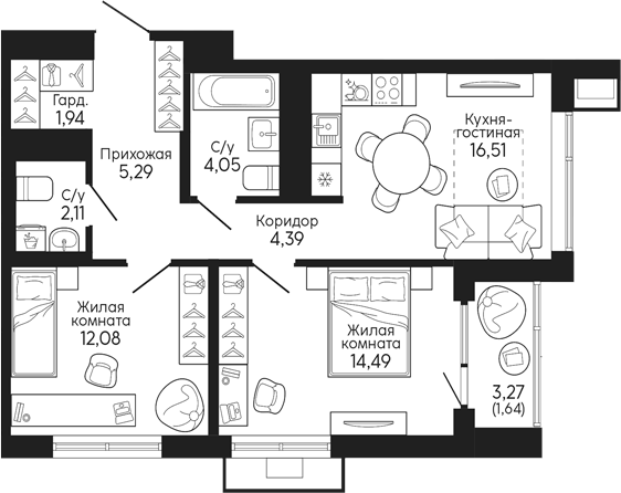 Планировка — Тихий центр. Синара, 2-комн., 61 м²