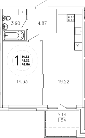 Планировка — Просторы Крыма, 1-комн., 42 м²