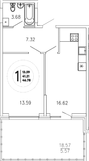 Планировка — Просторы Крыма, 1-комн., 41 м²