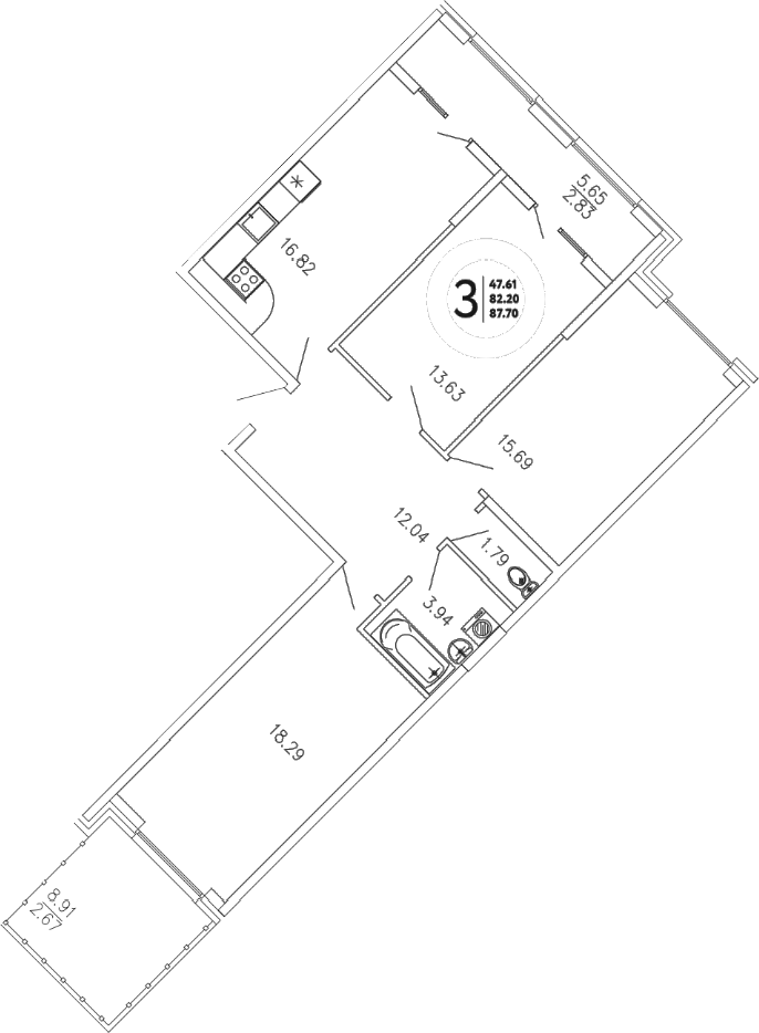 Планировка — Просторы Крыма, 3-комн., 82 м²