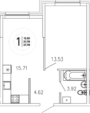 Планировка — Просторы Крыма, 1-комн., 38 м²