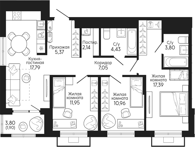 Планировка — Тихий центр. Синара, 3-комн., 81 м²