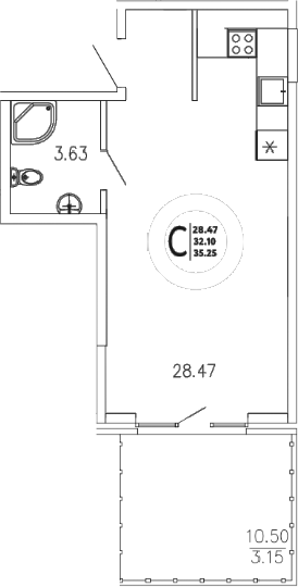 Планировка — Просторы Крыма, Студия, 32 м²
