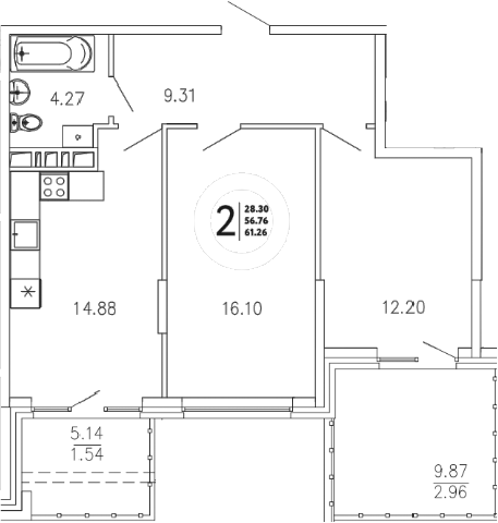 Планировка — Просторы Крыма, 2-комн., 57 м²