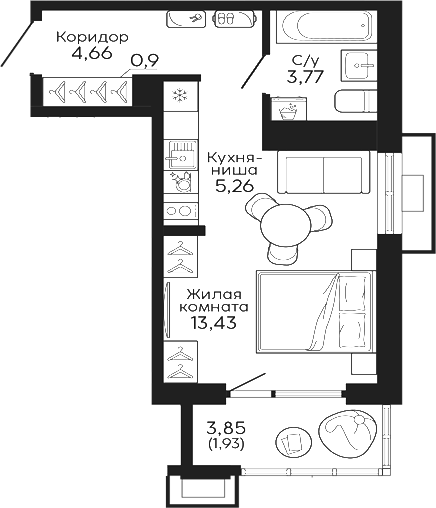 Планировка — Тихий центр. Синара, Студия, 28 м²