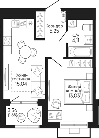 Планировка — Тихий центр. Синара, 1-комн., 37 м²