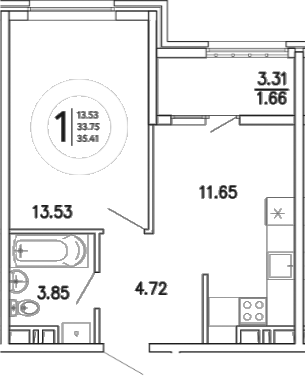 Планировка — Просторы Крыма, 1-комн., 34 м²
