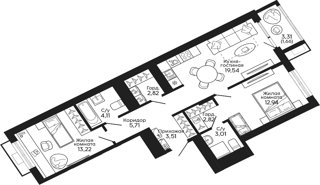 Планировка — Тихий центр. Синара, 2-комн., 68 м²