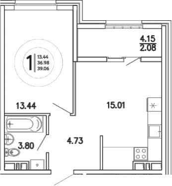 Планировка — Просторы Крыма, 1-комн., 37 м²