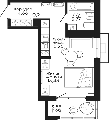Планировка — Тихий центр. Синара, Студия, 28 м²