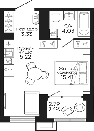 Планировка — Тихий центр. Синара, Студия, 28 м²