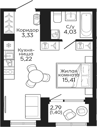 Планировка — Тихий центр. Синара, Студия, 28 м²