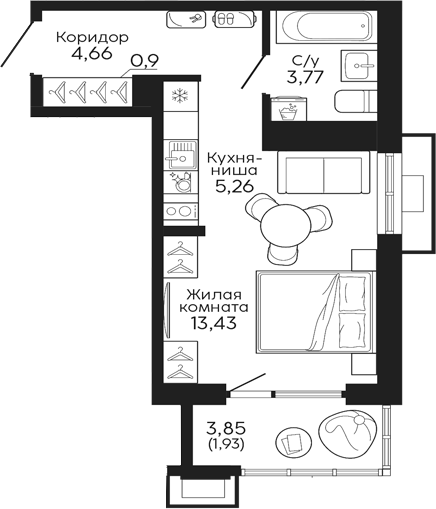 Планировка — Тихий центр. Синара, Студия, 28 м²