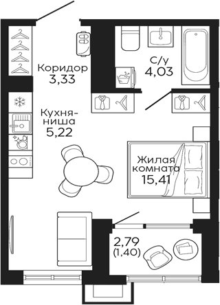 Планировка — Тихий центр. Синара, Студия, 28 м²