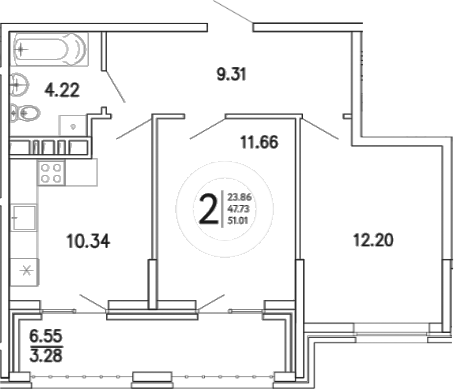Планировка — Просторы Крыма, 2-комн., 48 м²