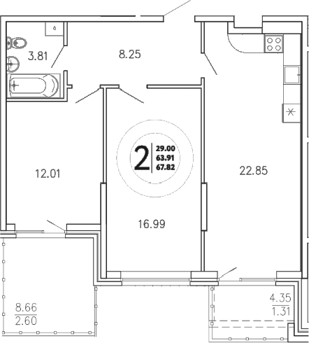 Планировка — Просторы Крыма, 2-комн., 64 м²