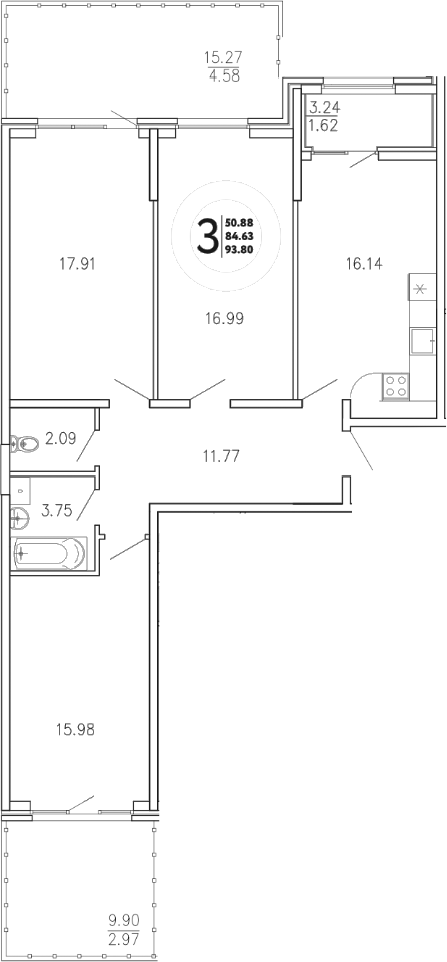 Планировка — Просторы Крыма, 3-комн., 85 м²