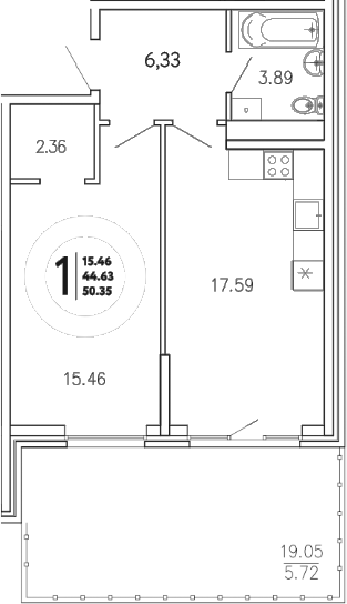 Планировка — Просторы Крыма, 1-комн., 45 м²