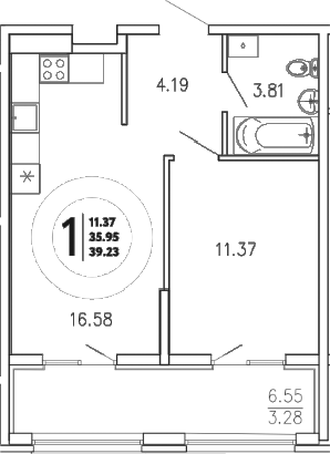 Планировка — Просторы Крыма, 1-комн., 36 м²