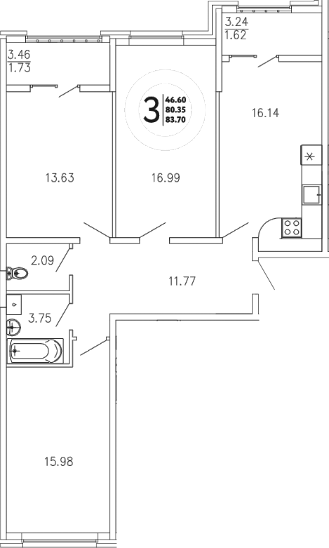 Планировка — Просторы Крыма, 3-комн., 80 м²