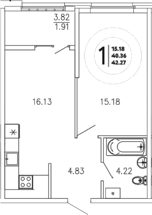Планировка — Просторы Крыма, 1-комн., 40 м²