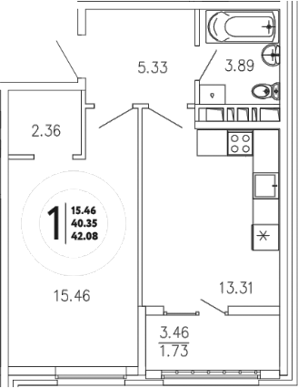 Планировка — Просторы Крыма, 1-комн., 40 м²
