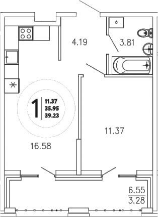 Планировка — Просторы Крыма, 1-комн., 36 м²
