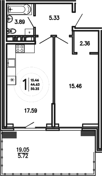 Планировка — Просторы Крыма, 1-комн., 45 м²