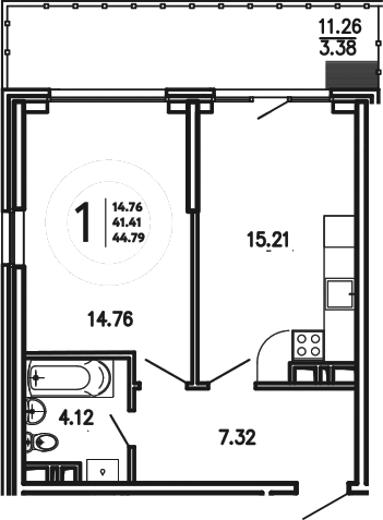 Планировка — Просторы Крыма, 1-комн., 41 м²