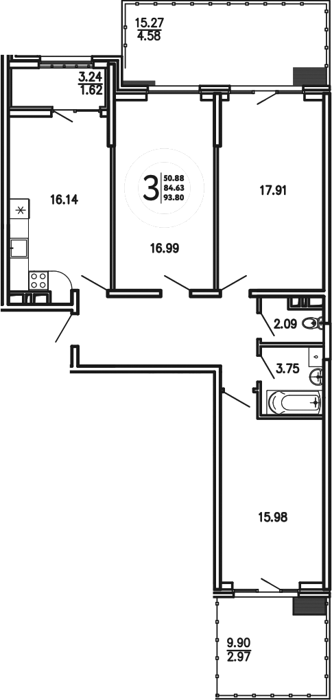 Планировка — Просторы Крыма, 3-комн., 85 м²
