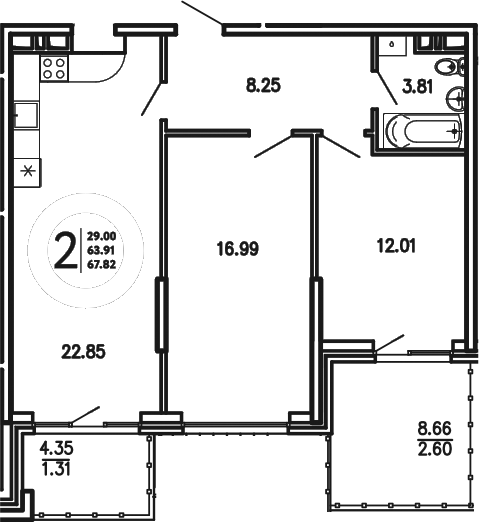 Планировка — Просторы Крыма, 2-комн., 64 м²