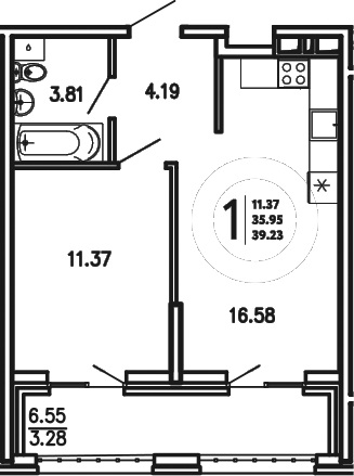 Планировка — Просторы Крыма, 1-комн., 36 м²