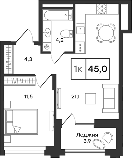 Планировка — Александровский, 2-комн., 41 м²