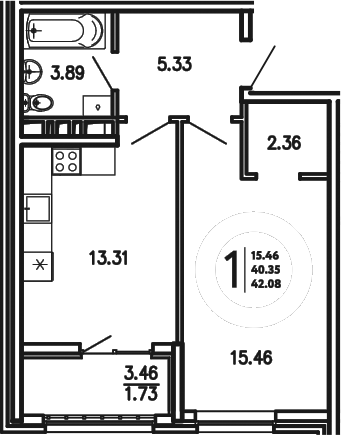 Планировка — Просторы Крыма, 1-комн., 40 м²