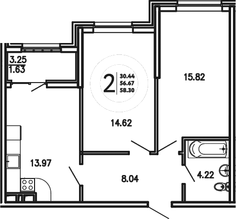 Планировка — Просторы Крыма, 2-комн., 57 м²
