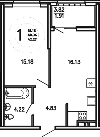 Планировка — Просторы Крыма, 1-комн., 40 м²