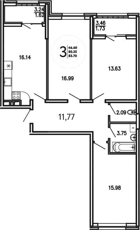 Планировка — Просторы Крыма, 3-комн., 80 м²