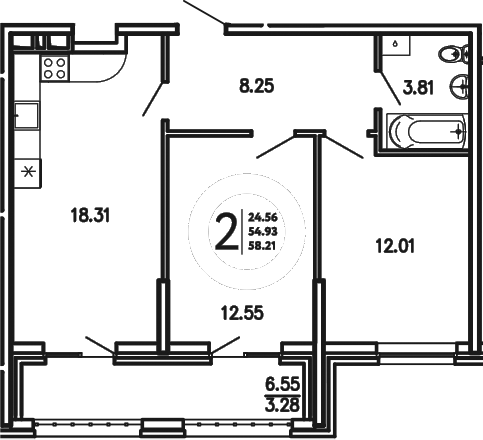 Планировка — Просторы Крыма, 2-комн., 55 м²