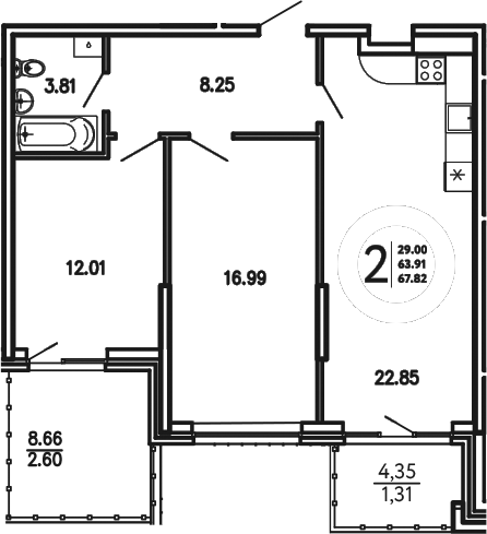 Планировка — Просторы Крыма, 2-комн., 64 м²