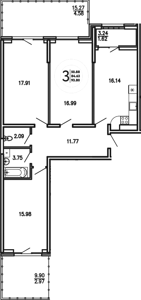Планировка — Просторы Крыма, 3-комн., 85 м²