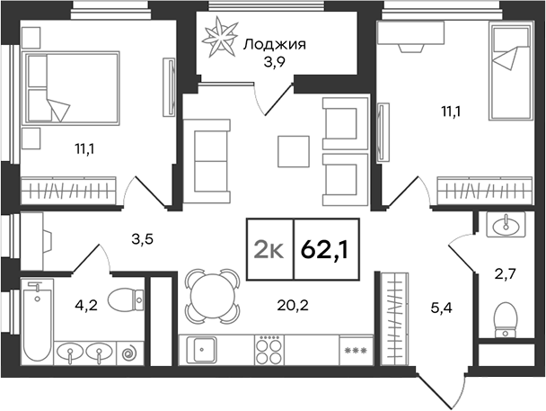 Планировка — Александровский, 3-комн., 58 м²