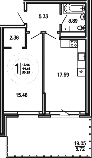 Планировка — Просторы Крыма, 1-комн., 45 м²