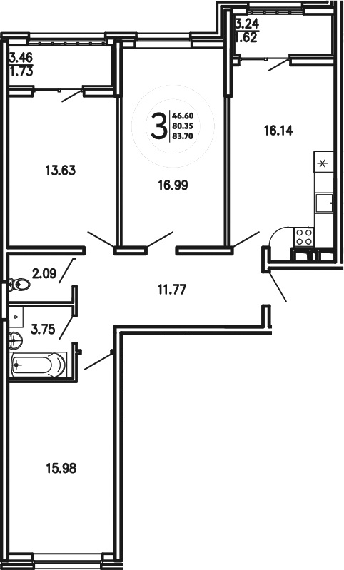 Планировка — Просторы Крыма, 3-комн., 80 м²