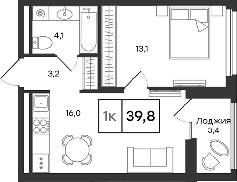 Планировка — Александровский, 2-комн., 36 м²