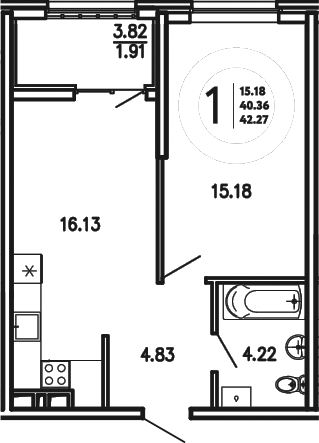 Планировка — Просторы Крыма, 1-комн., 40 м²