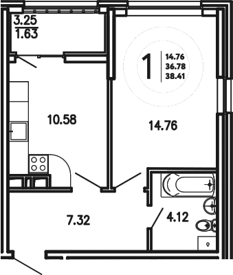 Планировка — Просторы Крыма, 1-комн., 37 м²