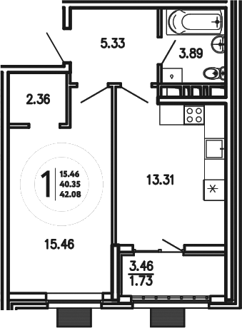 Планировка — Просторы Крыма, 1-комн., 40 м²