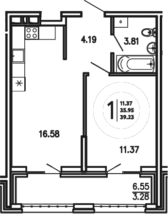 Планировка — Просторы Крыма, 1-комн., 36 м²