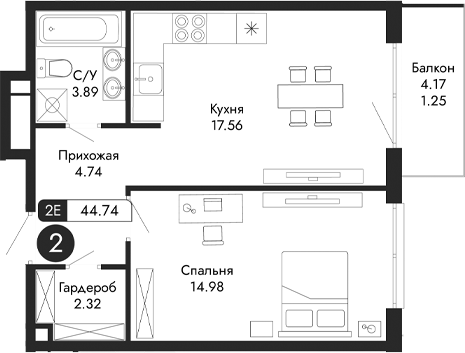 Планировка — Парковая Резиденция, 2-комн., 43 м²